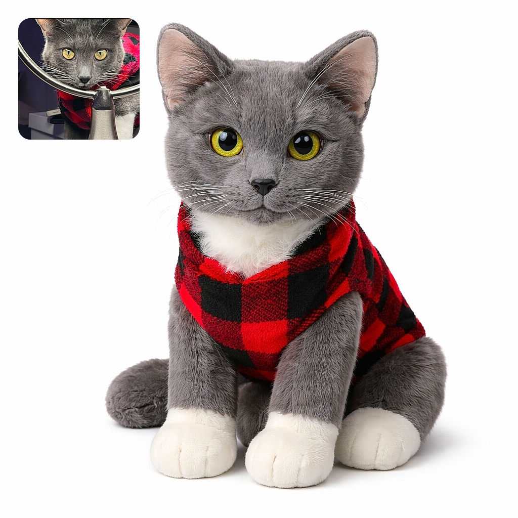 A plush gray cat stares down the camera like it owns the place, head framed by a shiny vanity ring while wrapped in a red-and-black plaid blanket — equal parts model and tiny grumpy monarch.