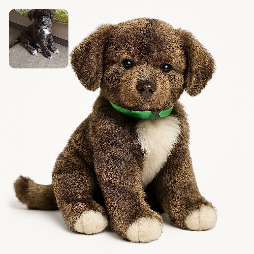 A fluffy brindle puppy with white paws and a green collar sits adorably on a wooden floor next to a bed with a green and white patterned blanket, looking curiously at the camera with a calm expression.
