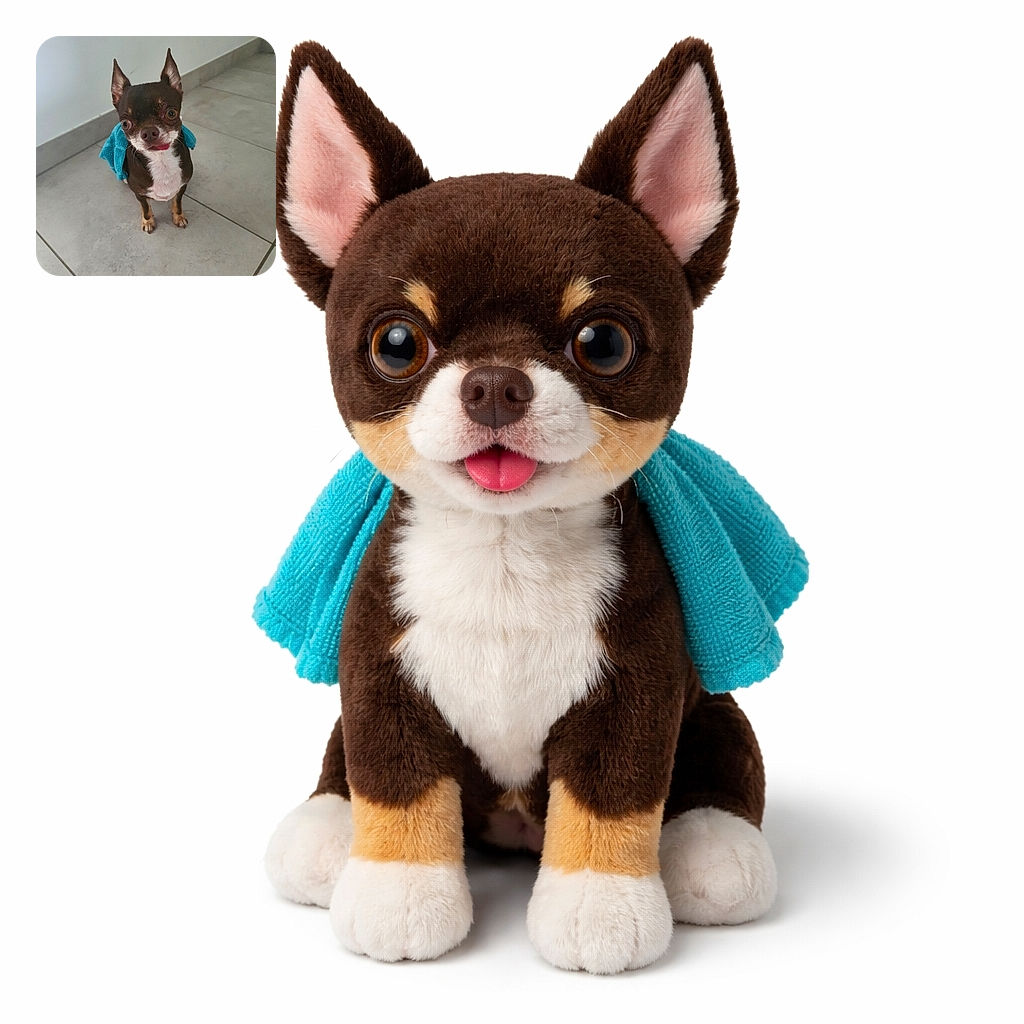 A tiny Chihuahua with a blue towel draped over its back stands on a tiled floor, looking up with big, curious eyes and a slight tongue peek, as if ready to save the day or just ask for a treat.