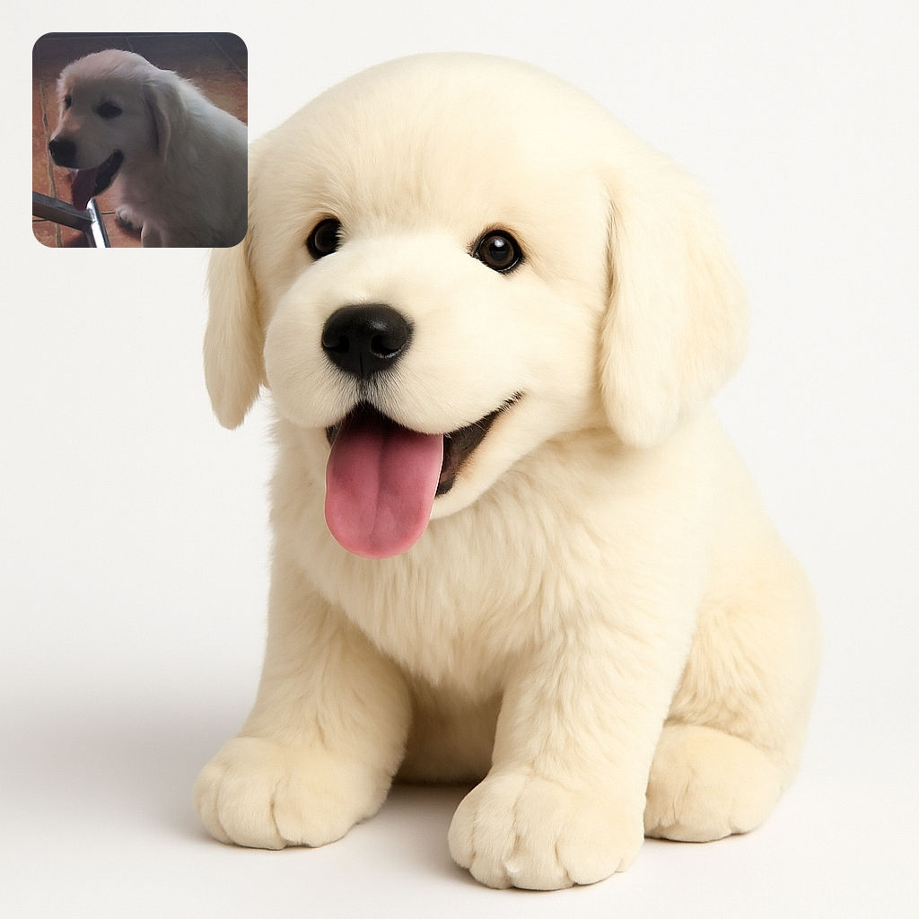 A fluffy white puppy with its tongue out sits indoors on a tiled floor near a shiny metal object, looking relaxed but the photo is somewhat blurry and dimly lit.