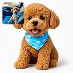 A fluffy, happy dog sporting a colorful bandana is sitting upright on the passenger seat of a car, looking excited and ready for an adventure. The background shows a sunny suburban neighborhood through the car window, adding a cozy and cheerful vibe.