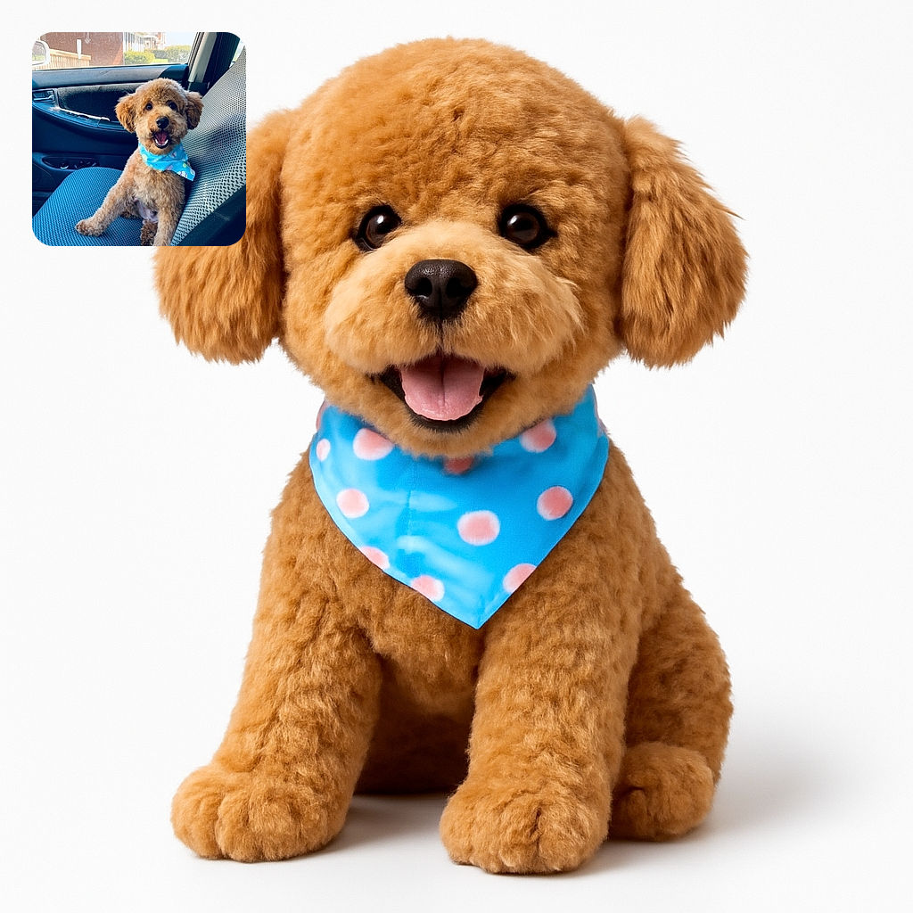 A fluffy, happy dog sporting a colorful bandana is sitting upright on the passenger seat of a car, looking excited and ready for an adventure. The background shows a sunny suburban neighborhood through the car window, adding a cozy and cheerful vibe.