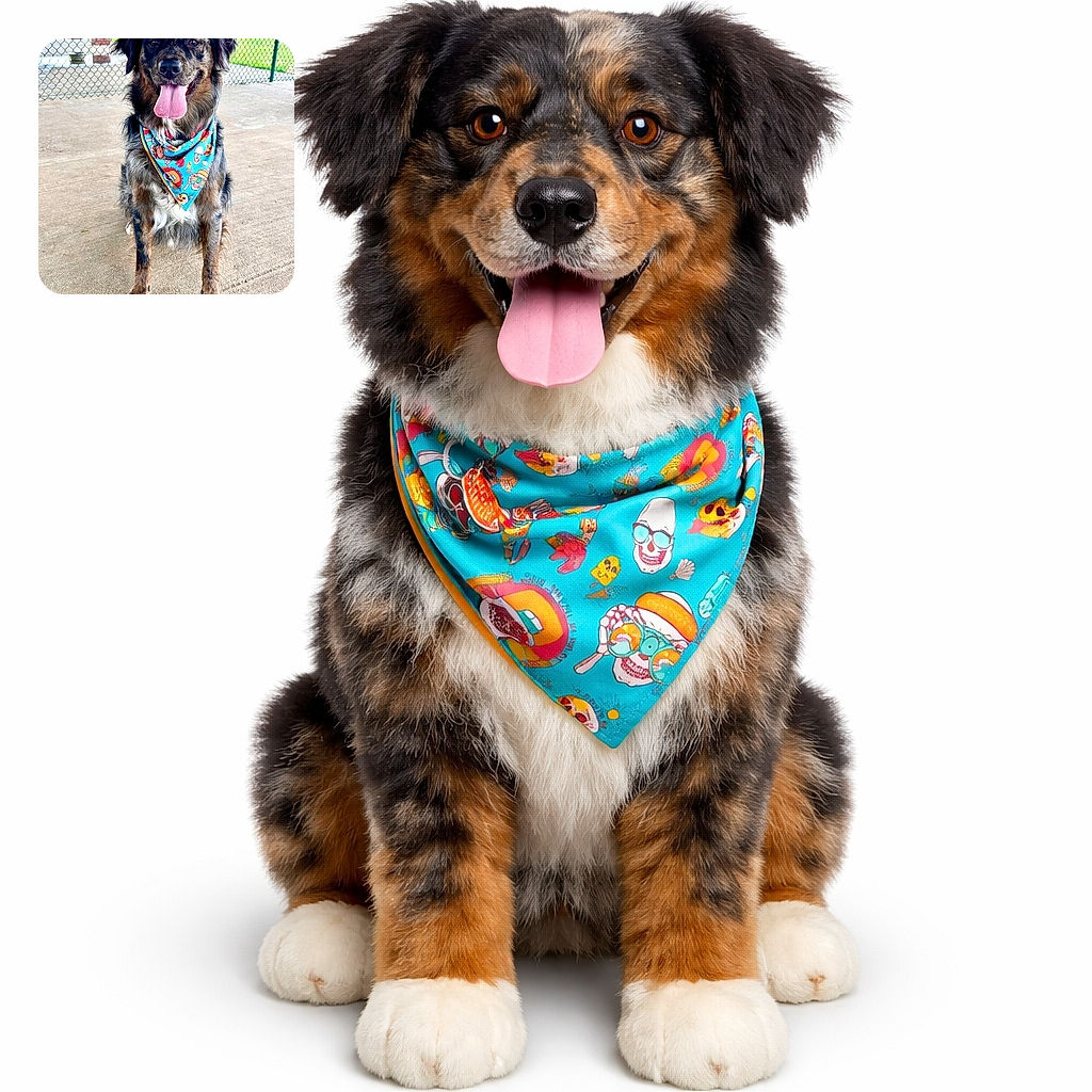 A happy dog with a colorful bandana sits patiently on a concrete floor in front of a chain-link fence, tongue out and looking ready for a treat or a belly rub.