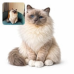 A fluffy, majestic cat with a serene expression sits gracefully on a teal quilted chair, its blue eyes gazing softly at the camera. The background is simple with neutral curtains and a mustard yellow pillow adding a pop of color, creating a cozy and elegant atmosphere.