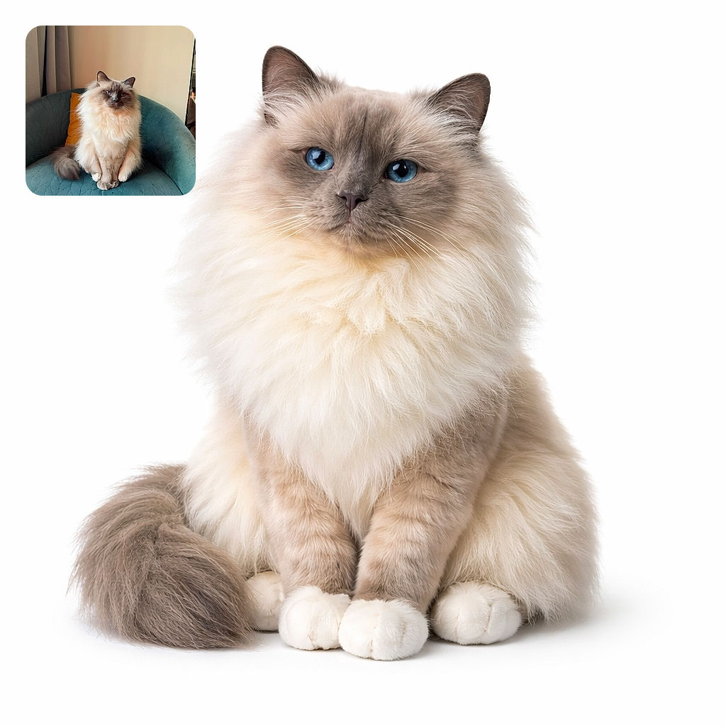 A fluffy, majestic cat with a serene expression sits gracefully on a teal quilted chair, its blue eyes gazing softly at the camera. The background is simple with neutral curtains and a mustard yellow pillow adding a pop of color, creating a cozy and elegant atmosphere.
