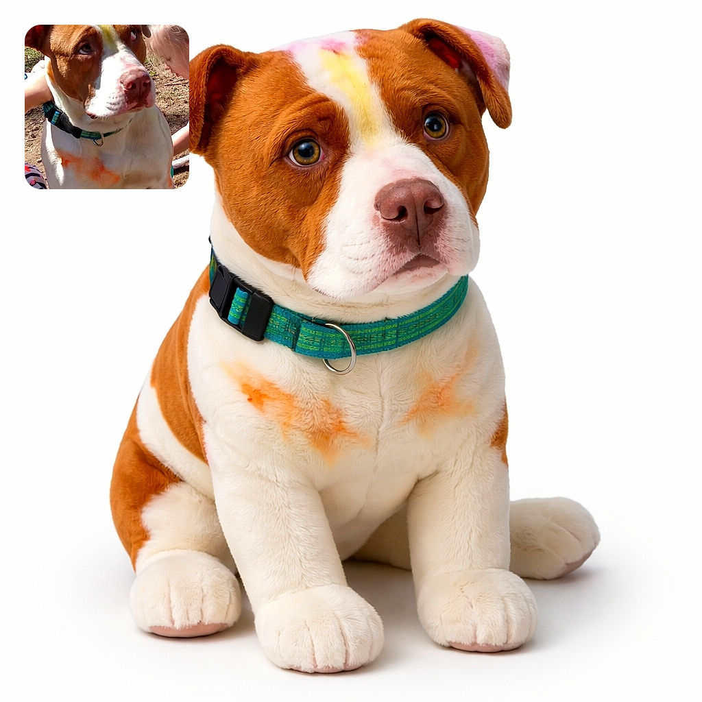 A large dog with a brown and white coat sits outdoors on a patch of dirt and grass, looking up with soulful eyes. Nearby, a child with blonde hair is partially visible, seemingly interacting with the dog. The dog has some orange and yellow paint marks on its fur, adding a playful touch to the scene.