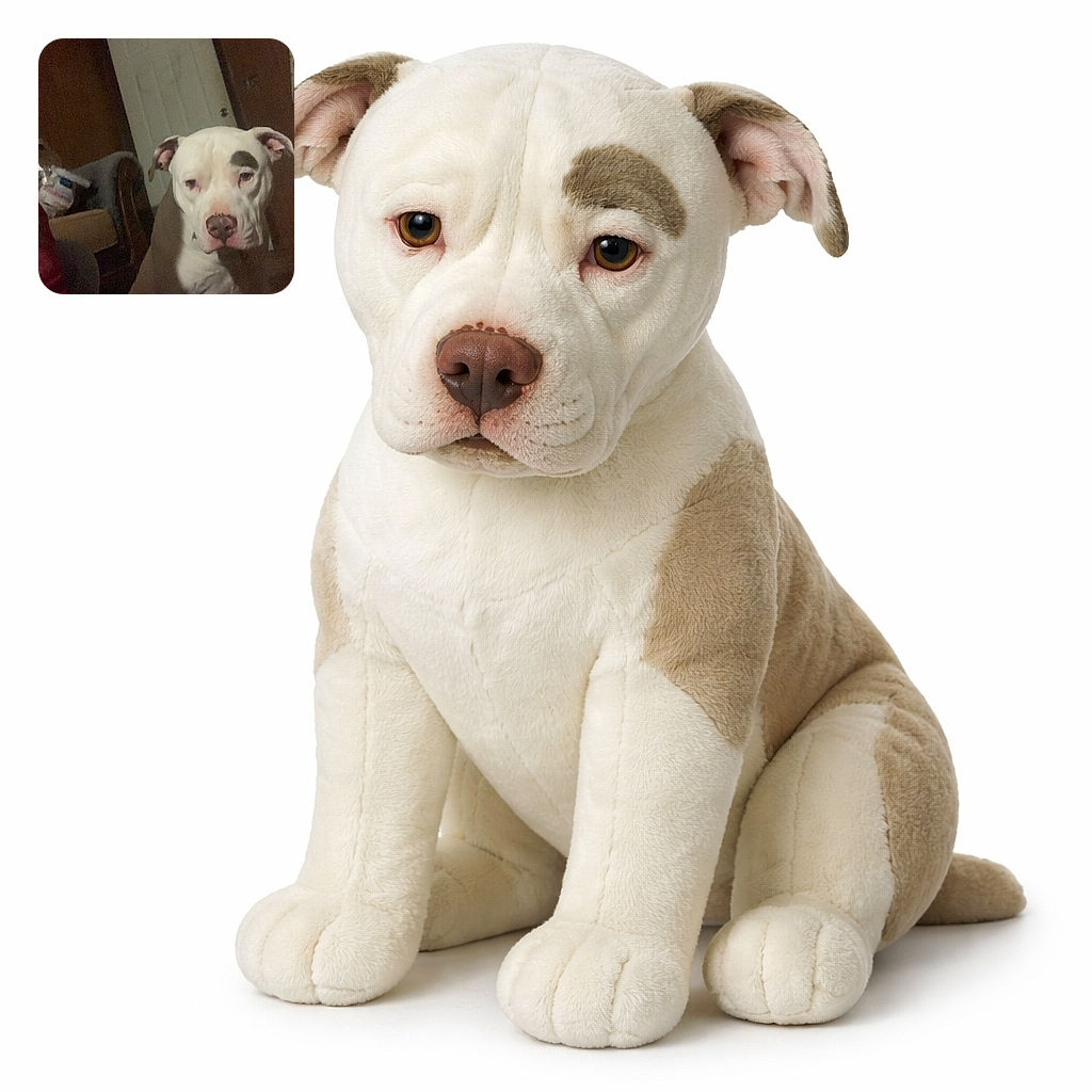 A droopy-faced white pitbull stares at the camera with a slow-burn expression, perched on a couch in a cozy, slightly cluttered living room — a door and framed picture loom behind while blankets and furniture fill the scene. The photo is candid, low-light and a little tilted, but the dog's pouty face steals the show.