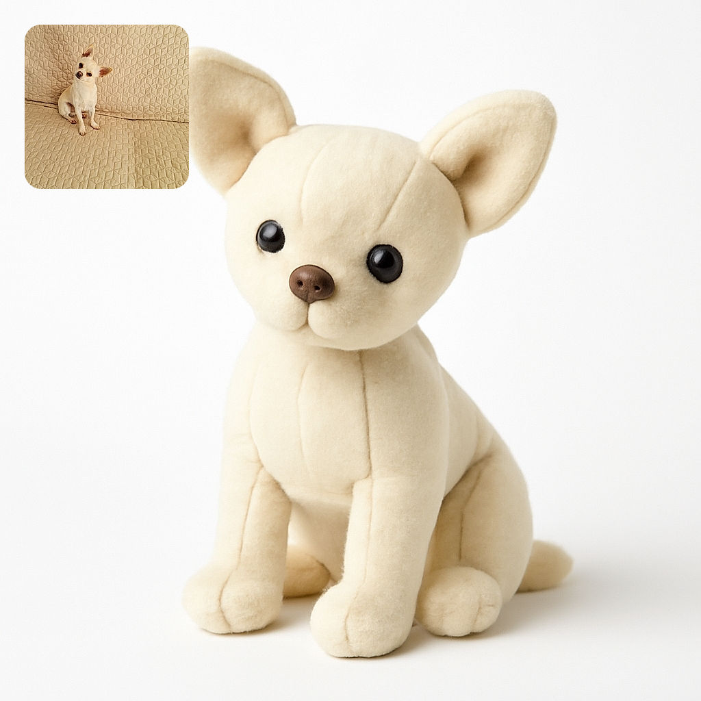 A small cream-colored Chihuahua is sitting on a beige quilted couch, tilting its head curiously, blending almost perfectly with the textured background.