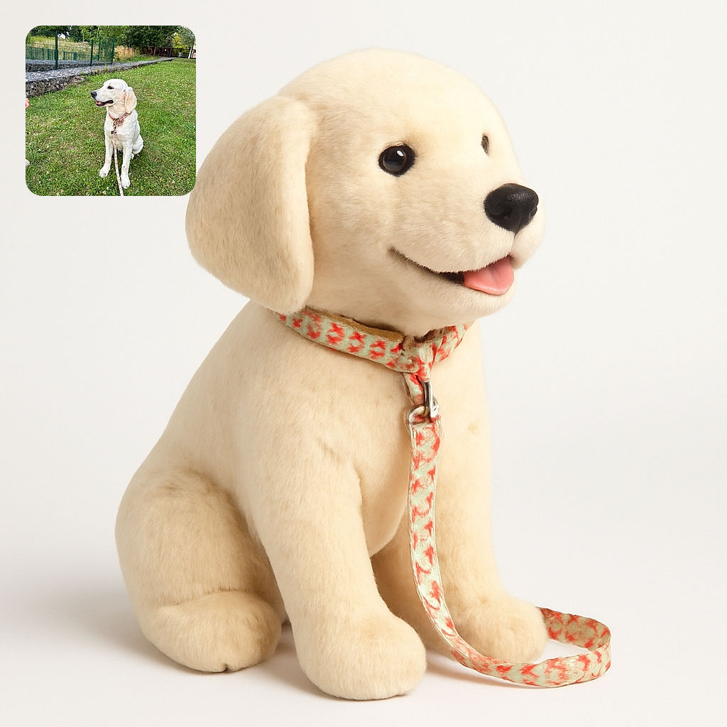 A happy golden retriever puppy sits obediently on a grassy field, leash attached and tongue slightly out, surrounded by a peaceful park setting with trees and fences in the background.