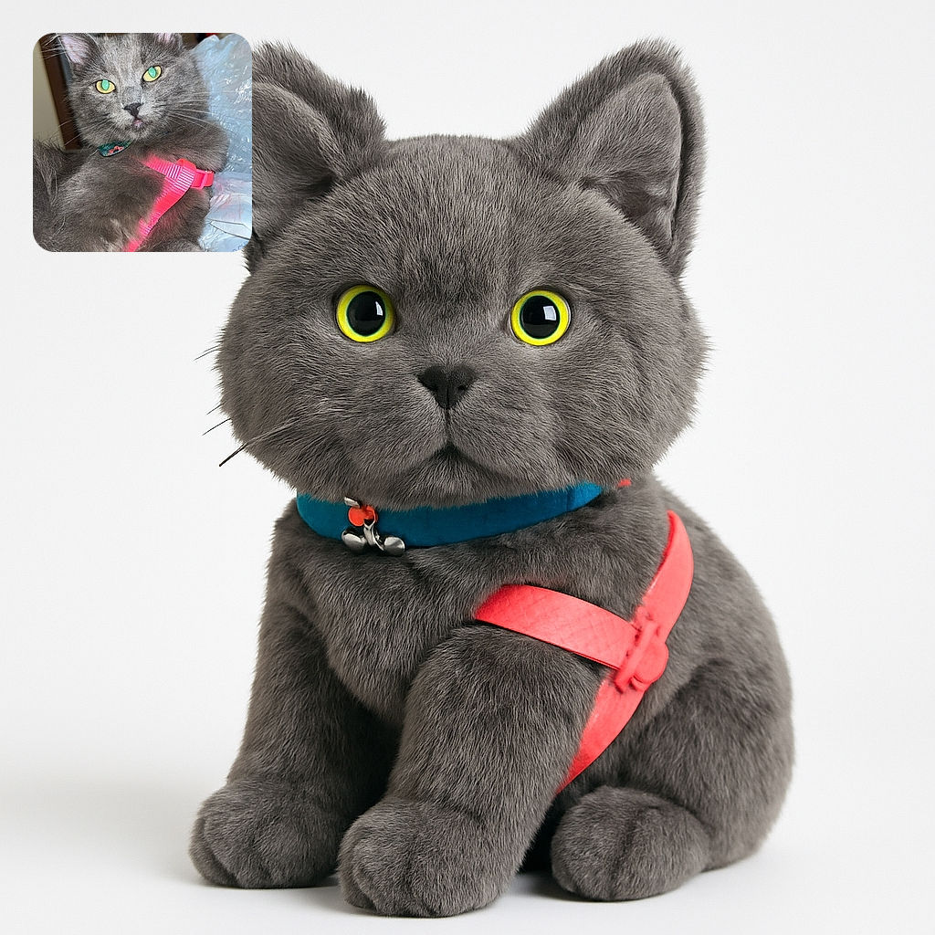 A fluffy gray cat with glowing yellow-green eyes lounges comfortably, sporting a bright pink harness and a floral collar, looking like it's ready for an adventure or a casual nap in a cozy indoor setting.