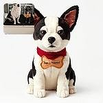 A curious real Chihuahua dog sits attentively on a black carpeted staircase next to a small Chihuahua figurine holding a bone-shaped tag. The background is simple with white walls and small decorative houses, creating a cozy and charming scene.