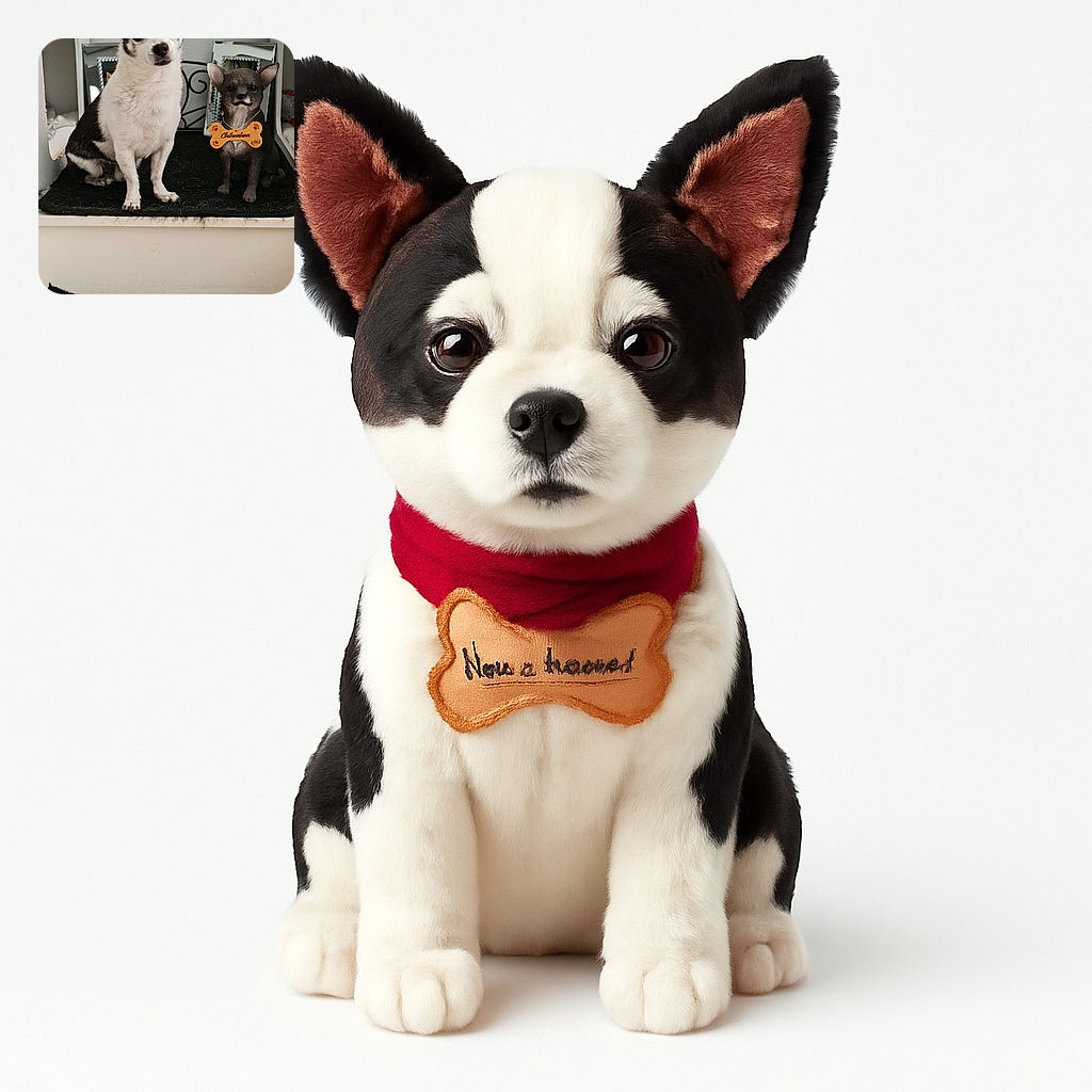 A curious real Chihuahua dog sits attentively on a black carpeted staircase next to a small Chihuahua figurine holding a bone-shaped tag. The background is simple with white walls and small decorative houses, creating a cozy and charming scene.