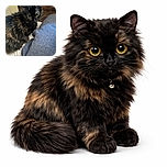 A fluffy tortoiseshell cat with striking yellow eyes looks curiously at the camera while resting on a bed next to a gray fabric, with a wooden headboard in the background.