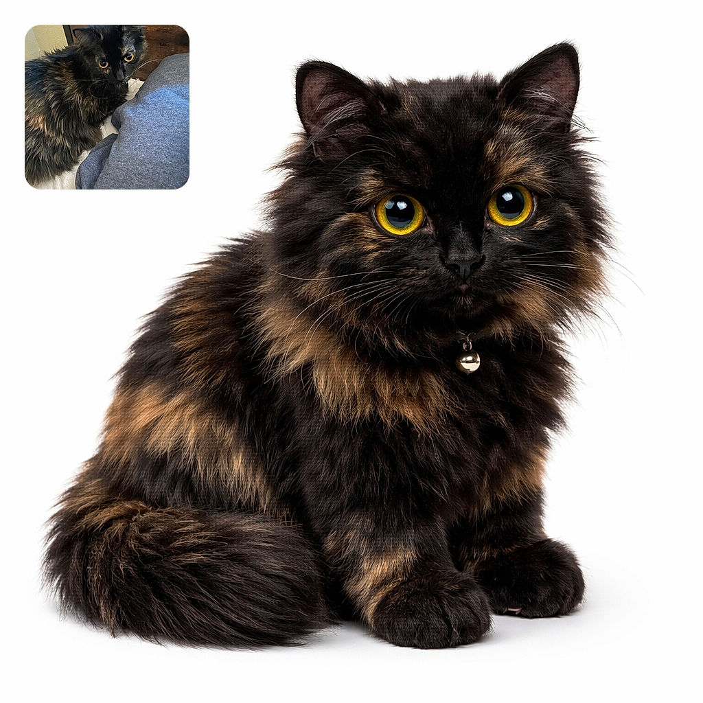 A fluffy tortoiseshell cat with striking yellow eyes looks curiously at the camera while resting on a bed next to a gray fabric, with a wooden headboard in the background.