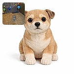 A small dog sits patiently on a tiled floor in front of a birthday banner and three colorful balloons, looking like the star guest at a cozy indoor party.
