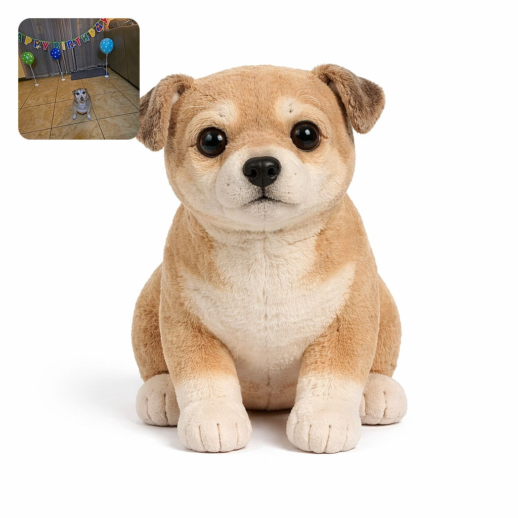 A small dog sits patiently on a tiled floor in front of a birthday banner and three colorful balloons, looking like the star guest at a cozy indoor party.