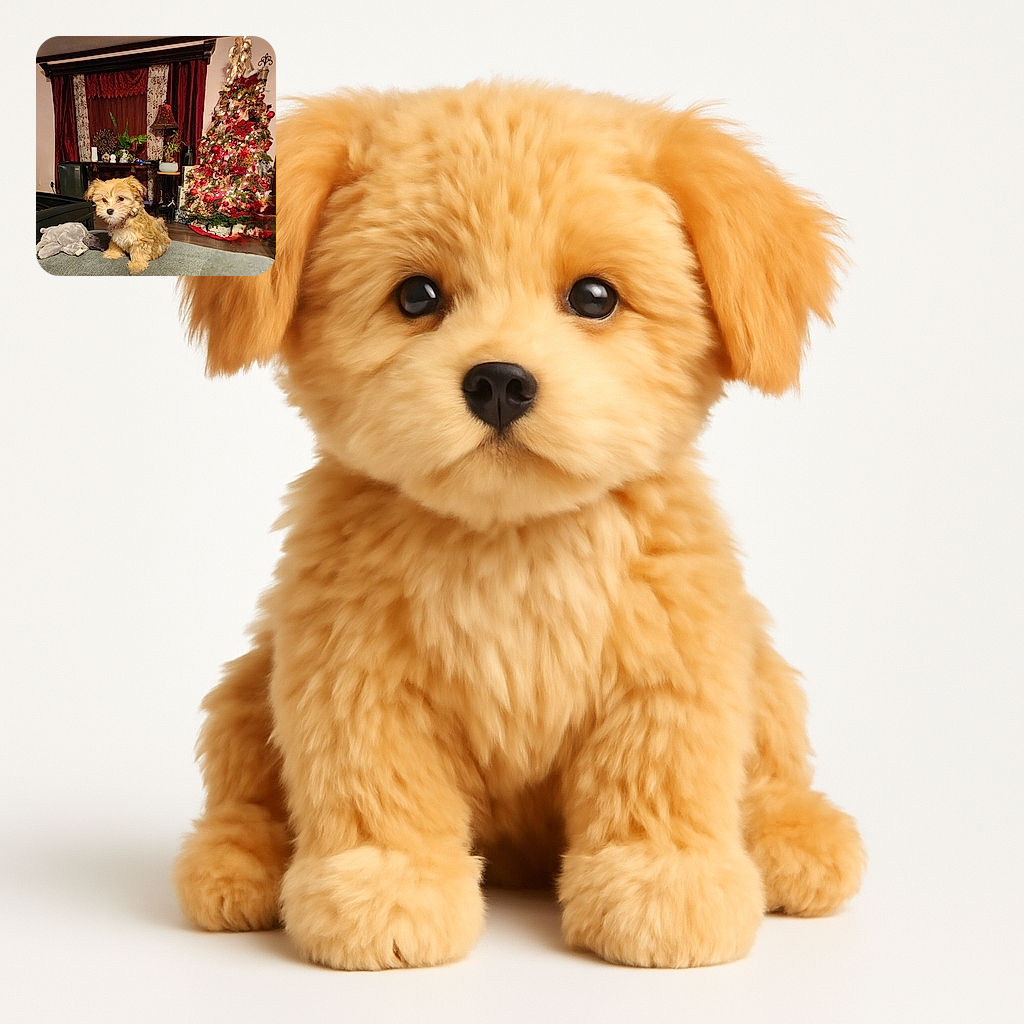 A fluffy little dog sits adorably on a couch next to a plush toy, with a beautifully decorated and brightly lit Christmas tree in the background, surrounded by cozy home decor and festive vibes.