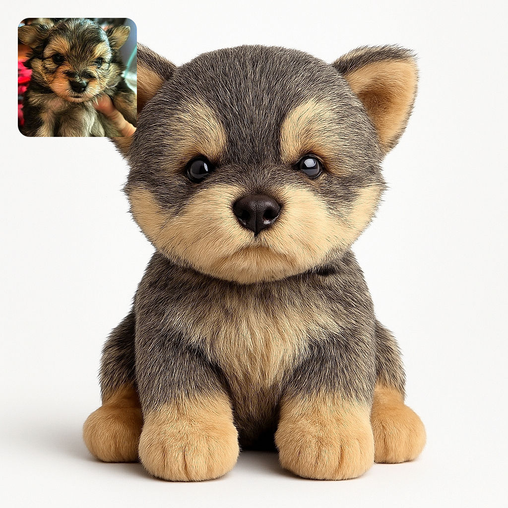 An adorable fluffy puppy is being gently held up close to the camera, showing off its soft fur and soulful eyes with a cozy indoor background blurred out.