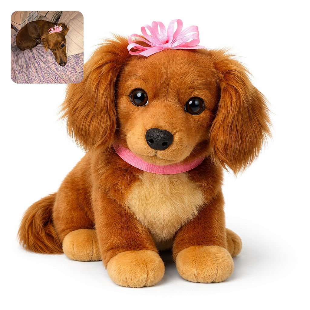 A cute brown dog with a pink ribbon on its head is curled up on a bed with patterned sheets and pillows, giving a sleepy wink to the camera in a cozy indoor setting.