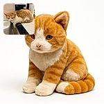 A ginger and white cat is lounging on a tiled bathroom counter next to a toilet and a mop handle, looking slightly pensive or sleepy. The background features beige tiles and a black soap holder with a clear plastic box on top.