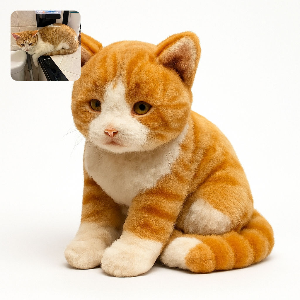 A ginger and white cat is lounging on a tiled bathroom counter next to a toilet and a mop handle, looking slightly pensive or sleepy. The background features beige tiles and a black soap holder with a clear plastic box on top.