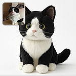 A curious black and white cat with striking green eyes stares intently, sitting on a surface with a slightly blurred indoor background that includes a bulletin board with photos.