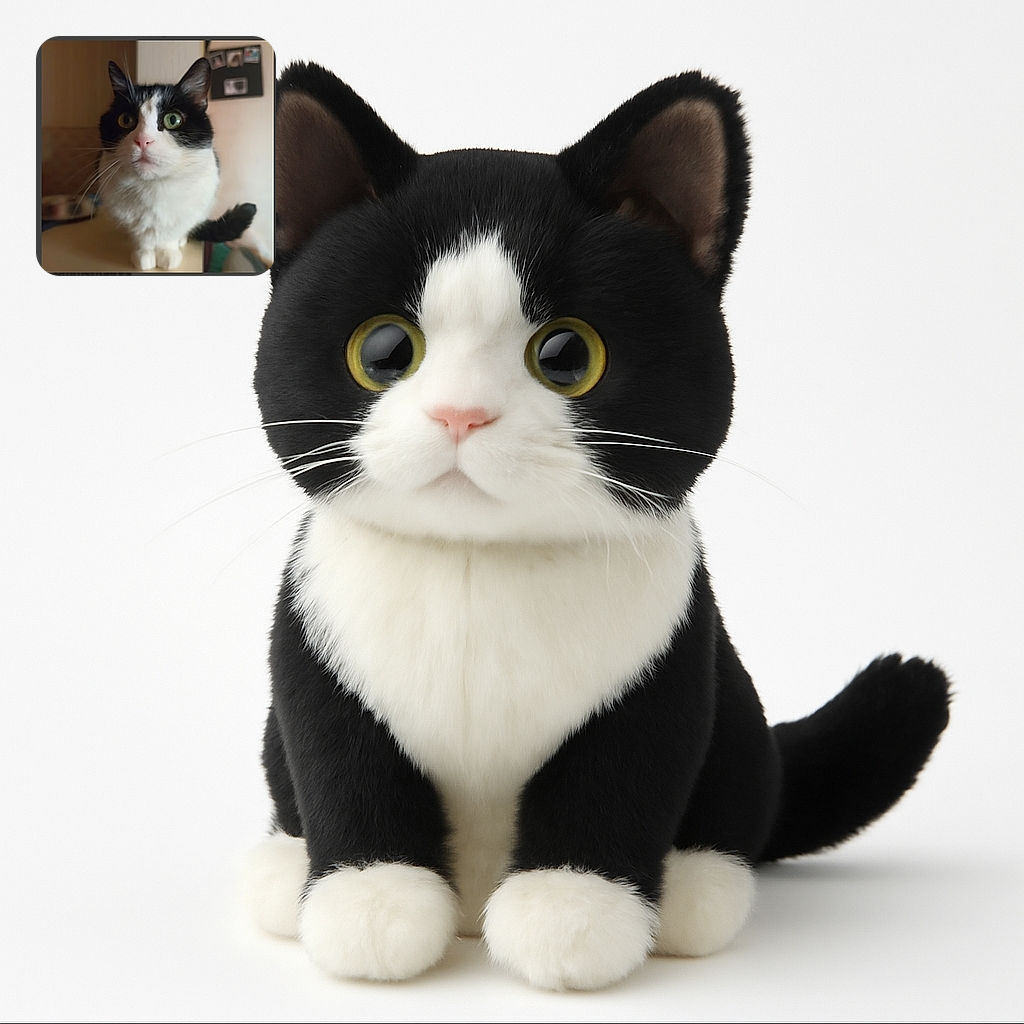 A curious black and white cat with striking green eyes stares intently, sitting on a surface with a slightly blurred indoor background that includes a bulletin board with photos.