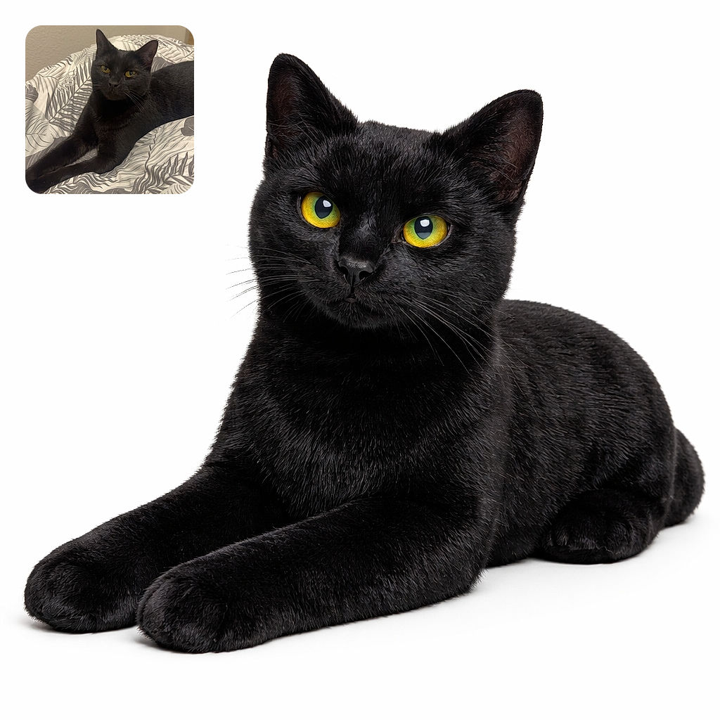 A regal black cat posing like it pays the rent—golden eyes locked on the camera, ears perched, and a look that says 'I accept treats and sarcastic compliments.' It lounges on a grey-and-white leaf-patterned duvet, turning an ordinary bed into a throne of softness.