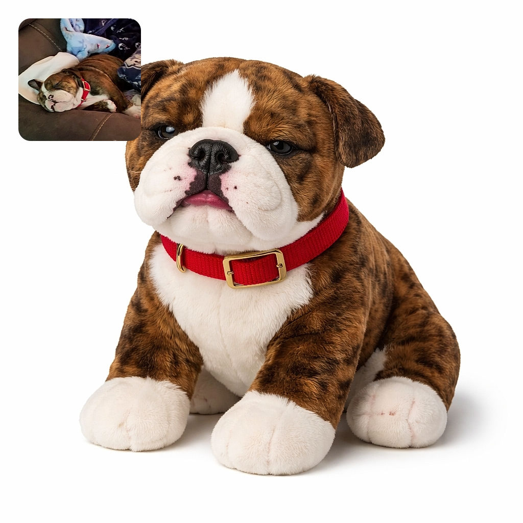 A blissfully snoring brindle bulldog puppy sprawled on a couch with a bright red collar, half-buried in blankets — professional nap-level relaxation with a side of drool and wrinkles.