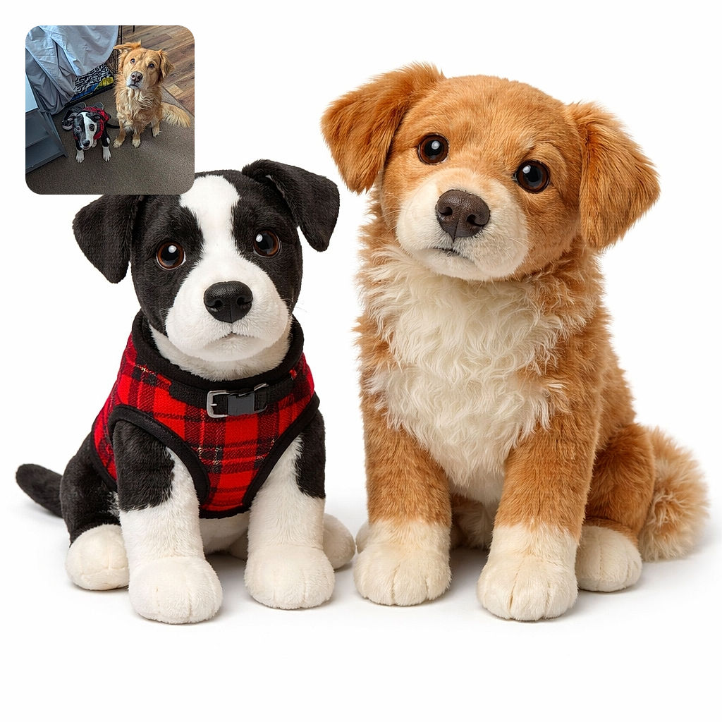 Two hopeful dogs staring up with maximum puppy eyes — a golden, fluffy senior giving a wise side-eye and a black-and-white pup in a red plaid jacket looking like a tiny lumberjack begging for treats.