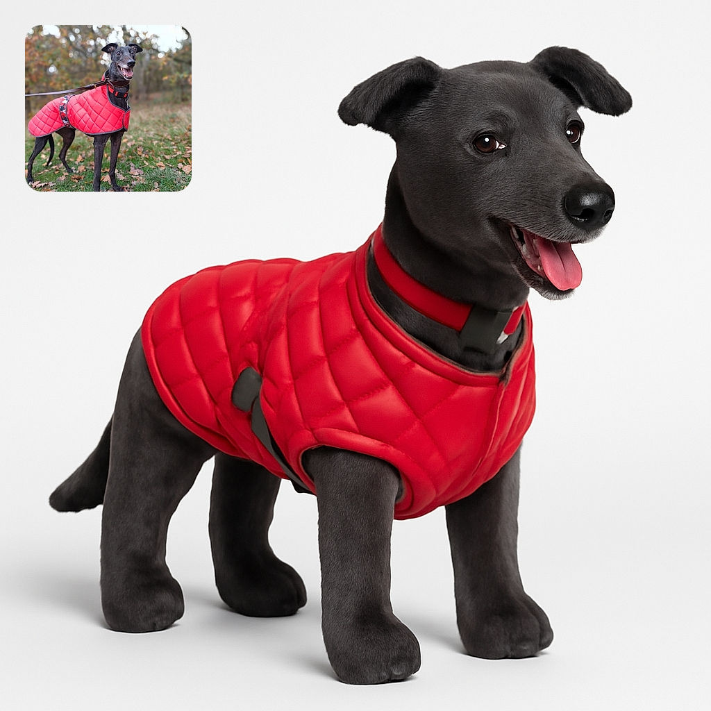 A happy black dog wearing a bright red quilted coat stands proudly on a grassy patch dotted with autumn leaves, with a blurred forest backdrop creating a cozy fall vibe.
