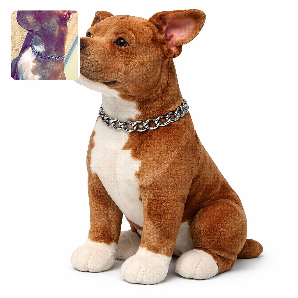 A proud dog wearing a shiny chain collar poses in profile against a textured wall, soaking up the sunlight with a calm and noble expression.