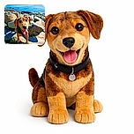 A happy, tongue-out dog poses eagerly on rocky terrain by the sparkling ocean, capturing the joyful spirit of a perfect seaside adventure with bright sunlight highlighting its expressive eyes and floppy ears.