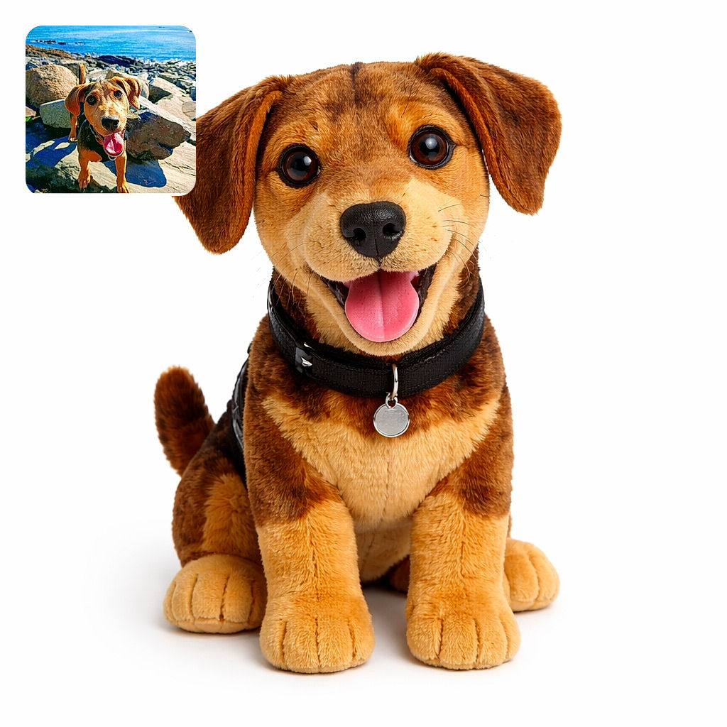 A happy, tongue-out dog poses eagerly on rocky terrain by the sparkling ocean, capturing the joyful spirit of a perfect seaside adventure with bright sunlight highlighting its expressive eyes and floppy ears.
