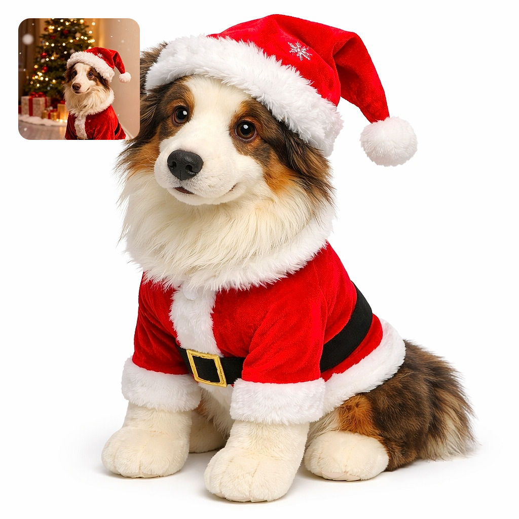 A fluffy dog has been promoted to Santa for the evening—complete with a velvet red hat and belt, sitting patiently in front of a twinkling Christmas tree and a pile of neatly wrapped gifts. The bokeh lights and scattered snowflakes make it look like a holiday card, while the dog's slightly guilty grin says, 'I may have hidden the cookies.' Cozy, festive, and irresistibly adorable.