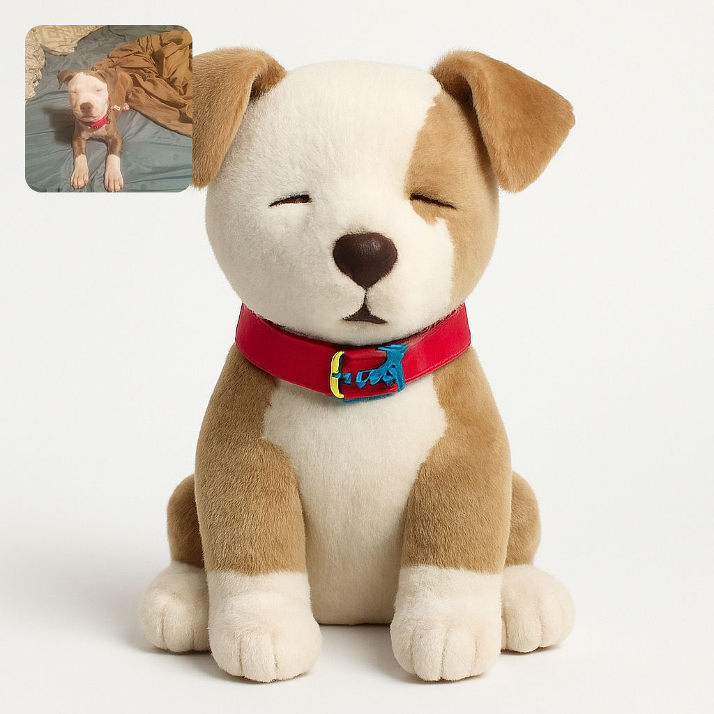 A sleepy puppy with a red collar lounges on a wrinkled blue bedspread, surrounded by cozy pillows and a rumpled brown blanket, looking like it's ready for a nap or some belly rubs.