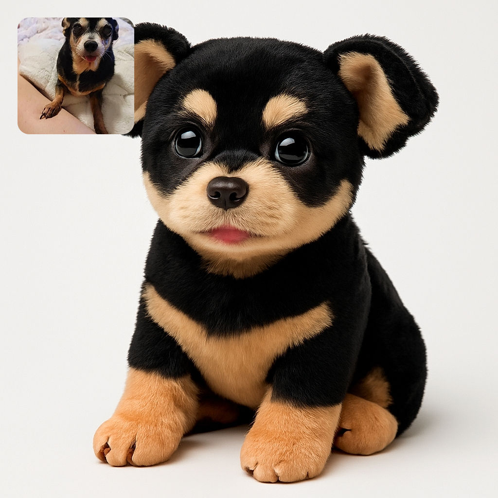 A small dog with a slightly blurry face is resting its paw on a person's leg while sticking out its tongue, sitting on a cozy white blanket background.
