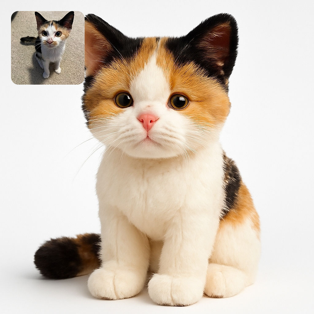 An adorable calico kitten with big, curious eyes sits attentively on a carpeted floor, its tiny paws perfectly placed and whiskers twitching as if ready to pounce on an invisible toy.