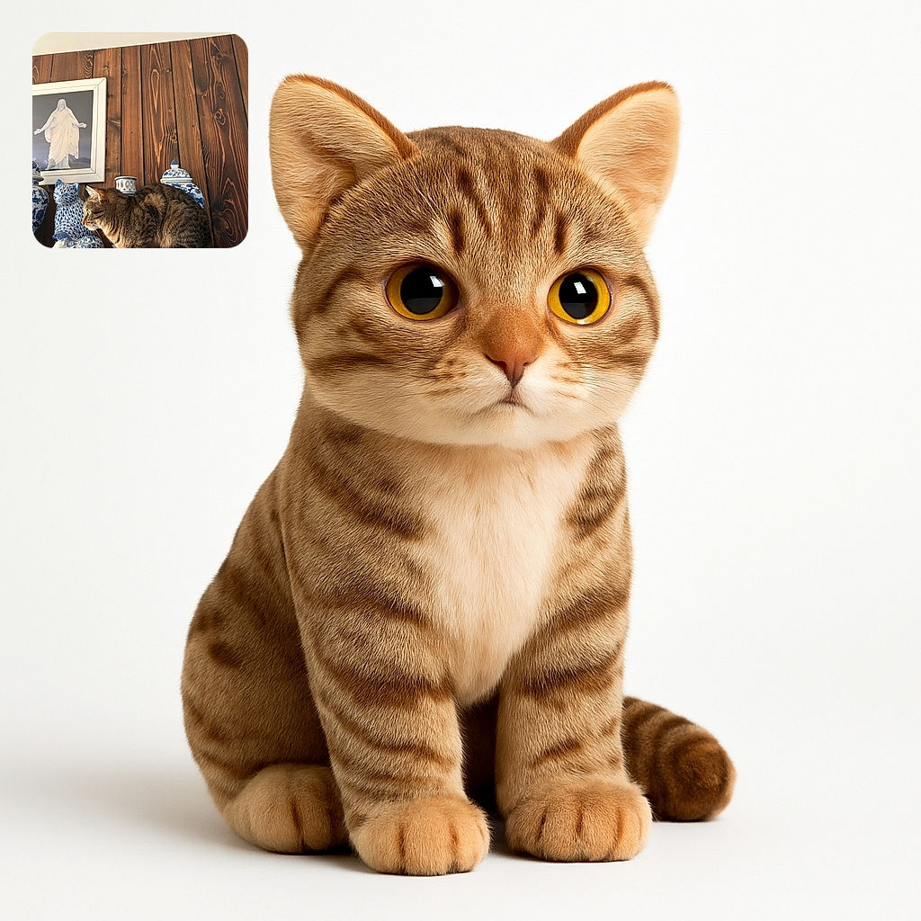 A curious tabby cat sits perched among a collection of blue and white porcelain vases and figurines, blending in with the artistic ceramic cat statue. The background features a wooden paneled wall and a framed picture of a statue, creating a cozy, rustic ambiance.