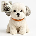 A fluffy white dog is peacefully napping on a light wooden floor near a window, with soft natural light casting gentle shadows. The dog looks cozy and content, wearing a small orange harness, creating a warm and serene indoor scene.