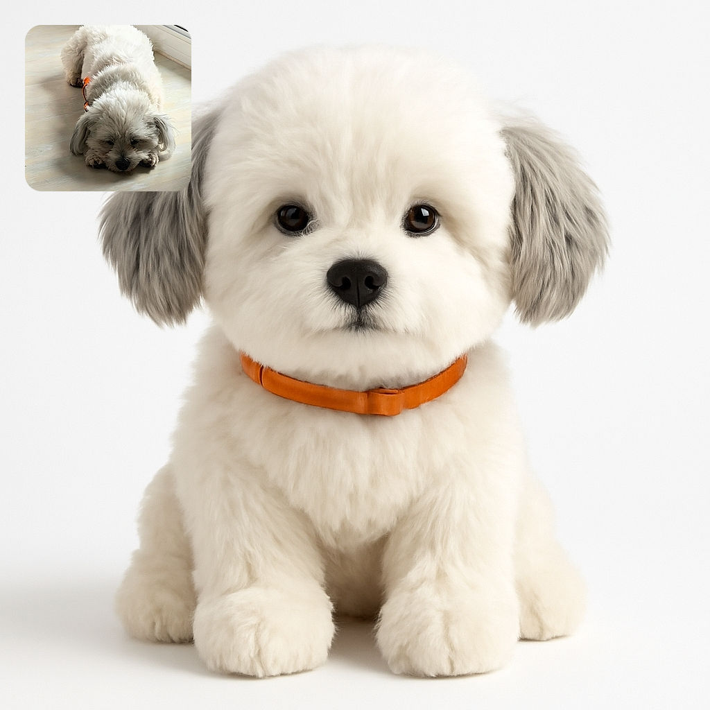 A fluffy white dog is peacefully napping on a light wooden floor near a window, with soft natural light casting gentle shadows. The dog looks cozy and content, wearing a small orange harness, creating a warm and serene indoor scene.