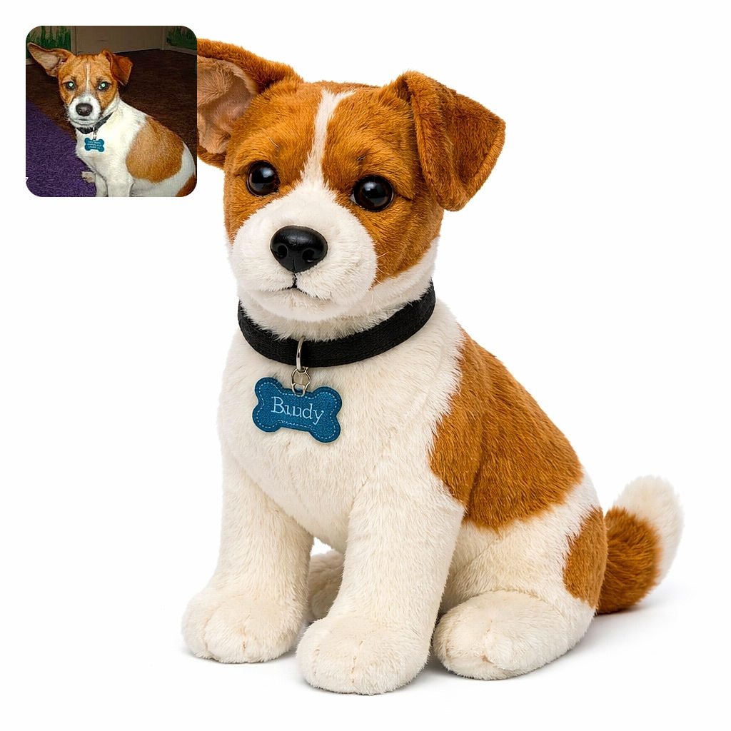 A small dog with a white and brown coat sits attentively on a carpeted floor, its ears perked up and eyes reflecting light, wearing a blue bone-shaped tag on its collar. The background shows a corner of a room with some green wall decorations and a purple rug.