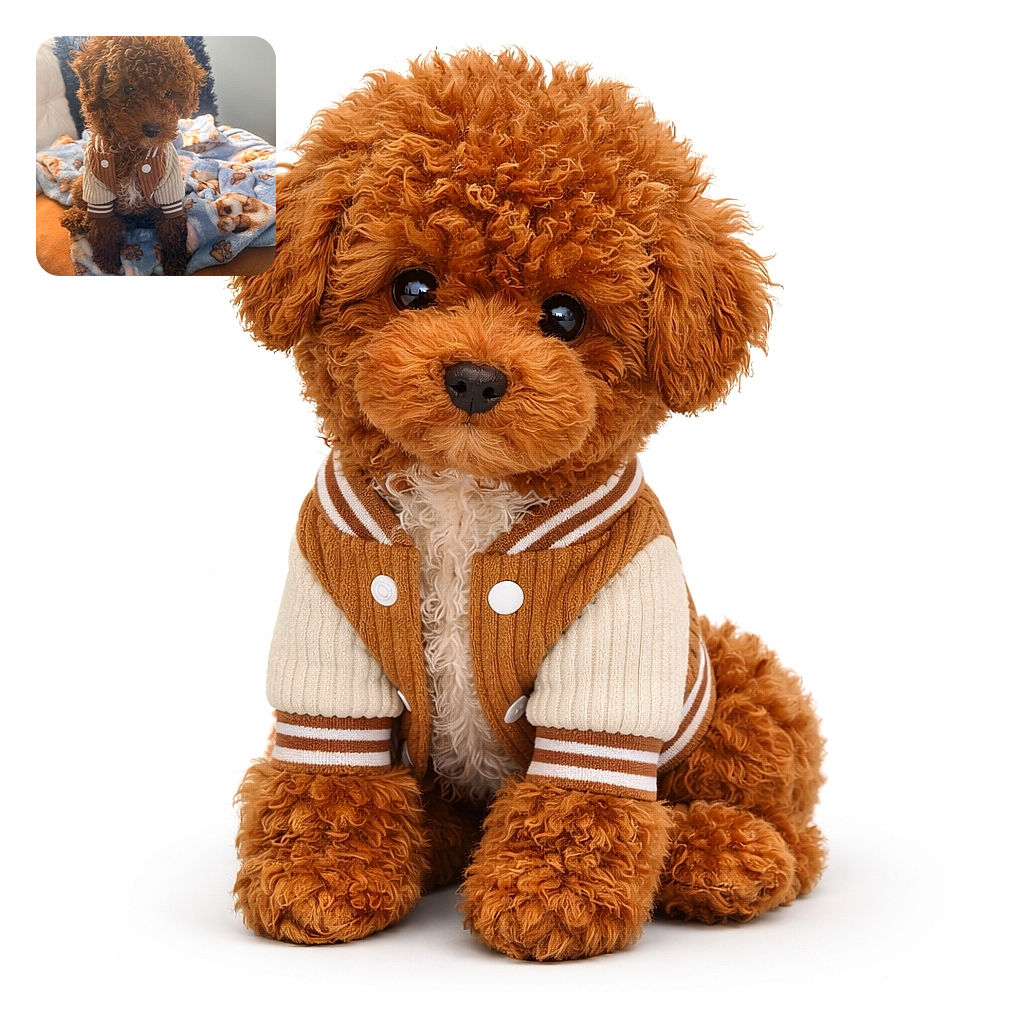 A fluffy brown puppy wearing a cozy little jacket sits adorably on a soft blanket decorated with paw prints and dog faces, looking like it's ready for a fashion show or a nap—whichever comes first.