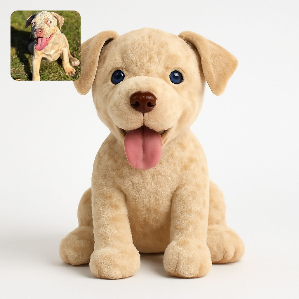 A happy puppy with striking blue eyes sits on the grass, tongue out in a joyful pant, basking in warm sunlight with a slightly blurred natural background.