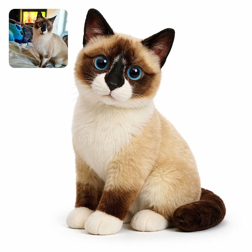 A wide-eyed Siamese-mix cat perches on a rumpled bed, gazing at the camera with theatrical curiosity. Soft background bokeh reveals a blue Stitch plush and a blurred TV, giving the scene a cozy, slightly chaotic bedroom-vibe — the cat clearly owns this space.