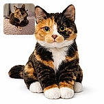 A charming calico cat lounges elegantly on a textured pink bedspread, looking directly at the camera with curious, expressive eyes. The cozy indoor setting is softly lit, highlighting the cat's unique fur pattern and the gentle folds of the bedding.