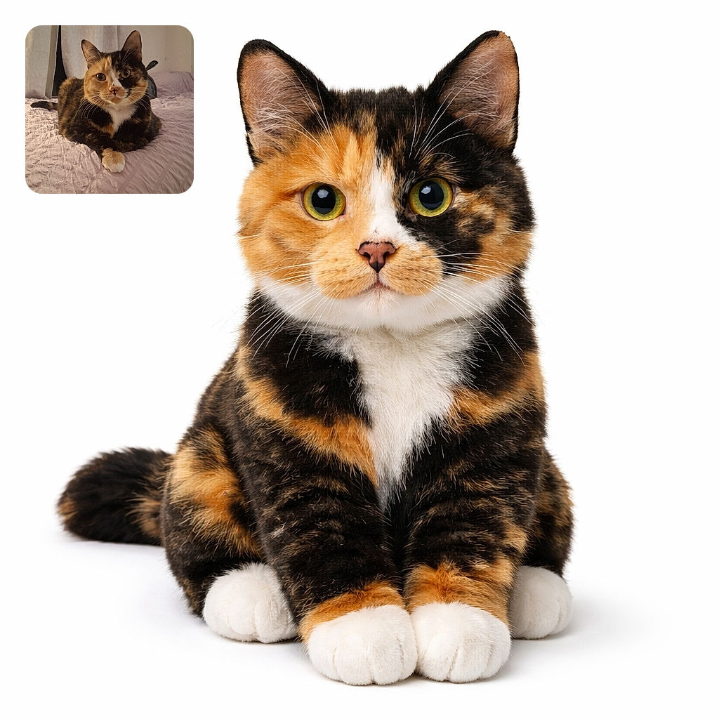 A charming calico cat lounges elegantly on a textured pink bedspread, looking directly at the camera with curious, expressive eyes. The cozy indoor setting is softly lit, highlighting the cat's unique fur pattern and the gentle folds of the bedding.