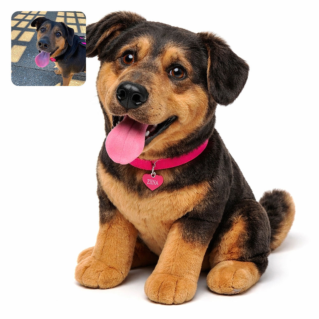A gleeful dog with a giant pink tongue (and a little name tag) beams up at the camera while lattice-like shadows from a fence paint the pavement — pure sunny-day zoomie energy.