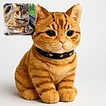 A charming tabby cat lounges comfortably on a folded towel by a sunny window, its eyes gleaming with curiosity and a tiny bell collar jingling softly. The natural light highlights the cat's beautiful fur patterns, while the green outdoors peek through the glass, adding a serene backdrop.