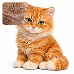 A close-up shot of a fluffy orange cat with mesmerizing green eyes staring intently, showing off its soft fur and delicate whiskers in warm natural light.
